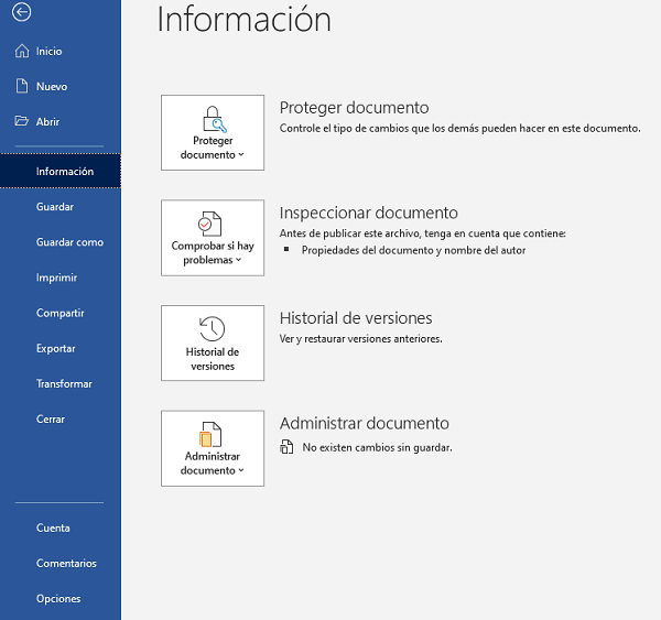 Opciones de ‘Información’ en ‘Archivo’