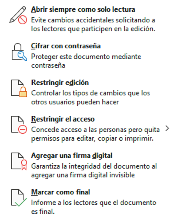 Opciones de protección de un documento.