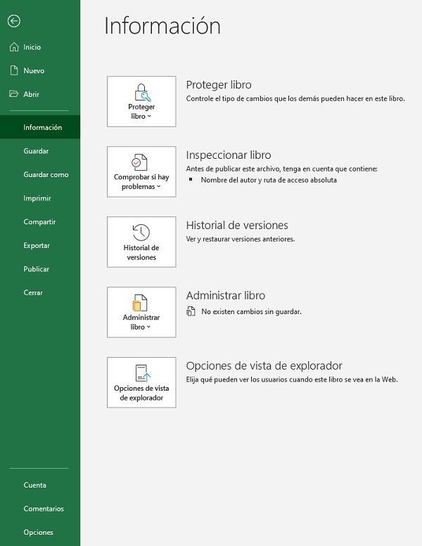 Opciones de ‘Información’ en ‘Archivo’