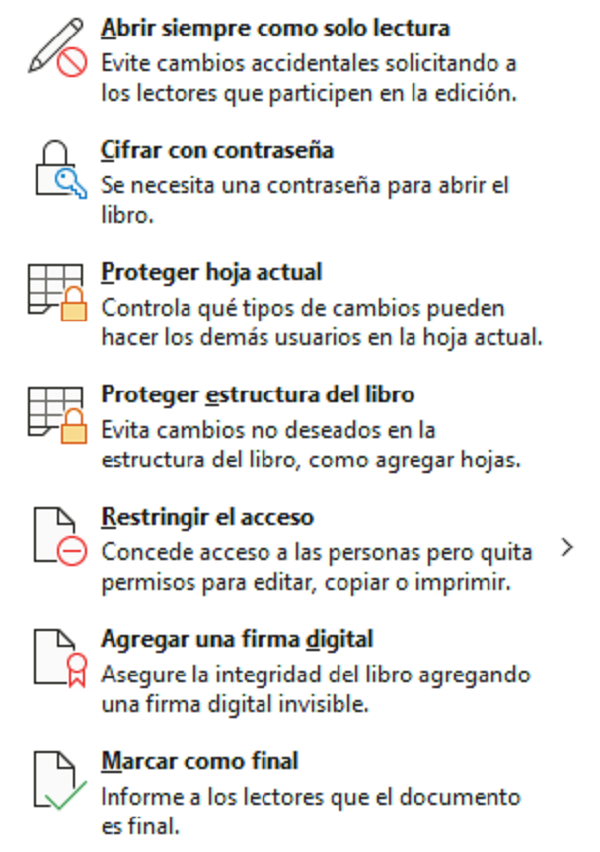 Opciones de protección de un libro.