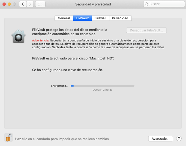 Detalle de Preferencias del Sistema del FileVault, proceso de cifrado.