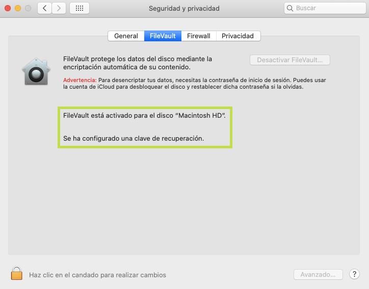 Detalle de Preferencias del Sistema del FileVault, cifrado activo.