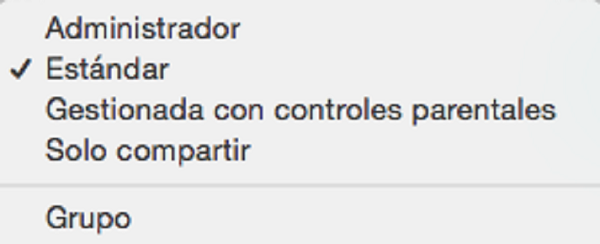 Listado de los distintos perfiles de permisos que puede tener un nuevo usuario