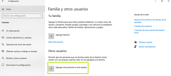 Ventana de ‘Familia y otros usuarios’