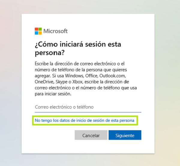 Ventana de ‘Agregar un usuario sin cuenta Microsoft’