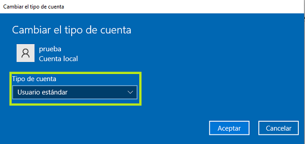 Selección de ‘Cambiar el tipo de cuenta’