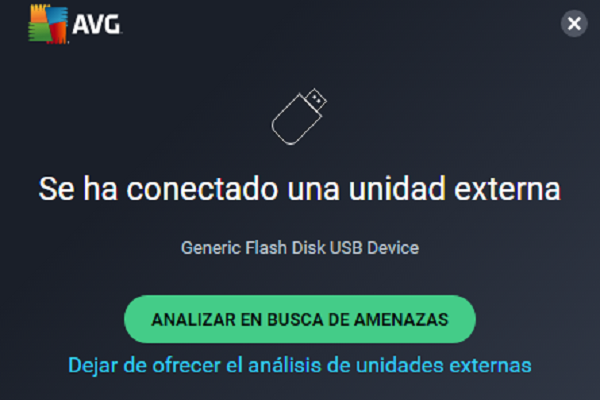 Ventana de AVG antivirus, al detectar la conexión de un nuevo USB