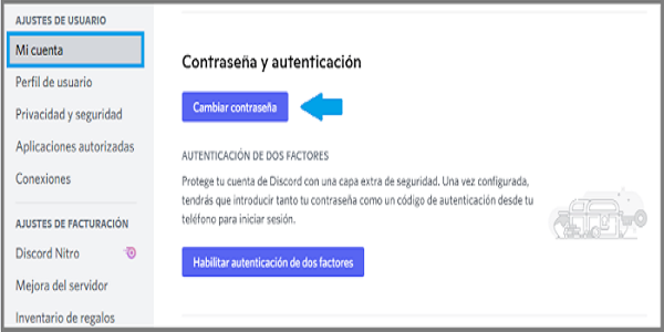 Contraseña y autenticación en Discord