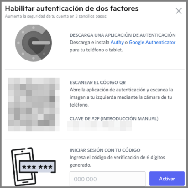 Habilitar en Discord autenticación de dos factores 