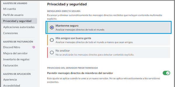 Opciones de privacidad y seguridad en Discord