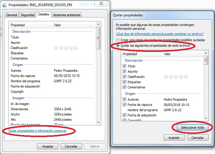 Detalles de la eliminación de los metadatos en Windows