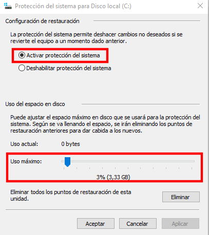 Activación protección del sistema