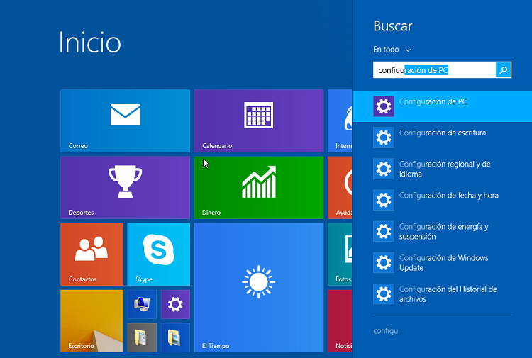 Menú inicio Windows 8.1, abrir configuración
