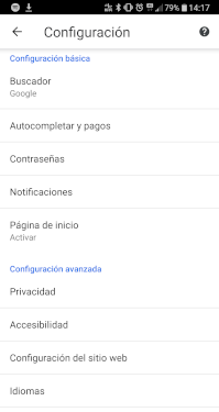 Menú de configuración del navegador de Android