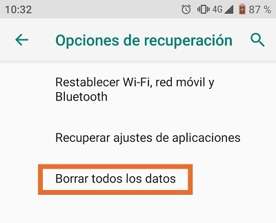 Paso intermedio para borrar los datos del dispositivo