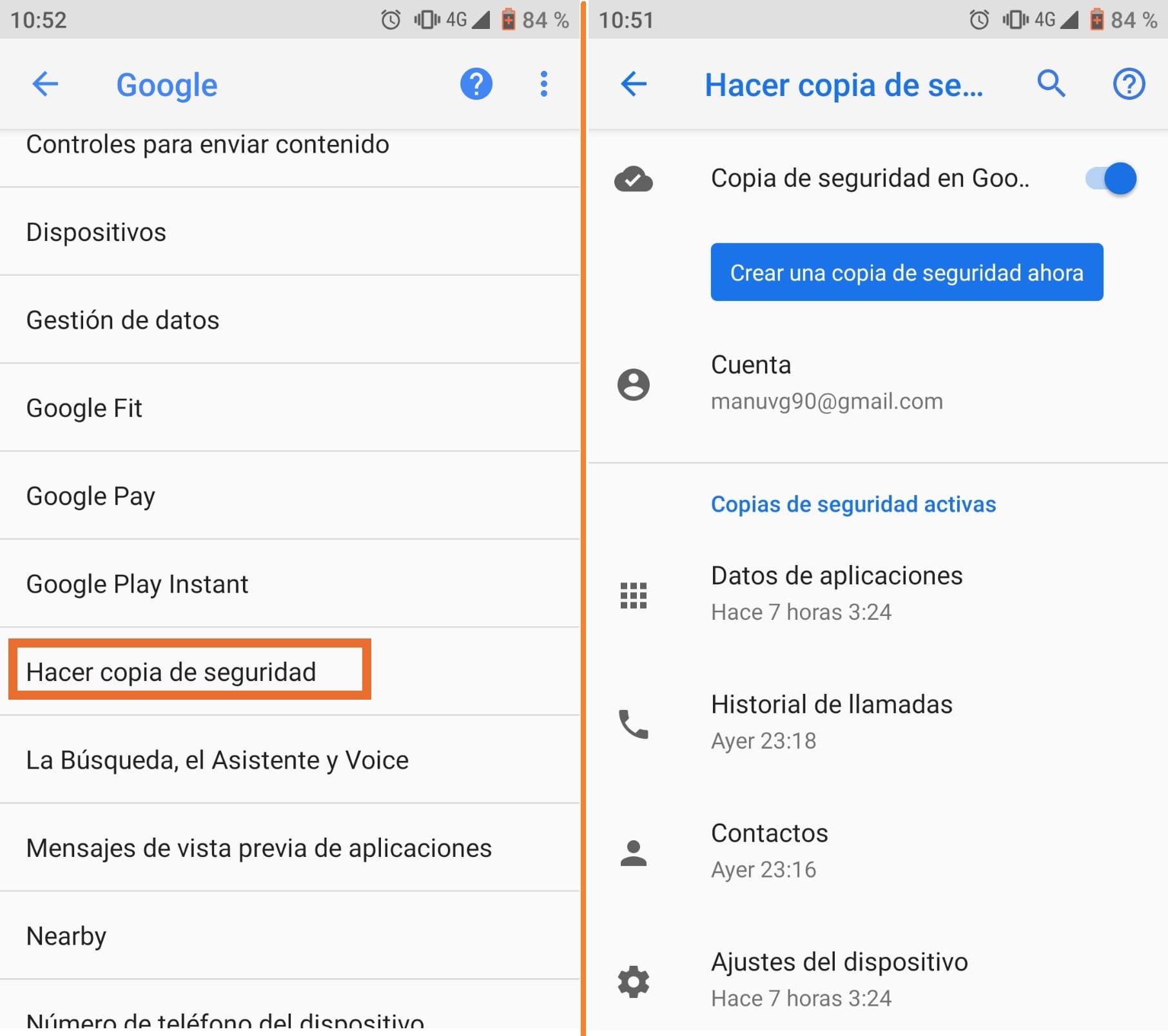 Paso inicial para realizar una copia de seguridad en Android