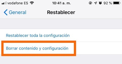 Opción de borrado de contenido en el dispositivo