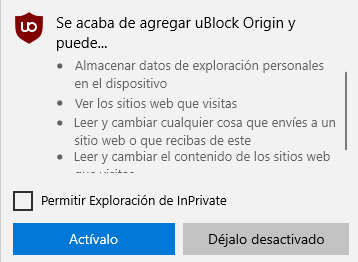 Ventana de activación de la extensión en MS Edge