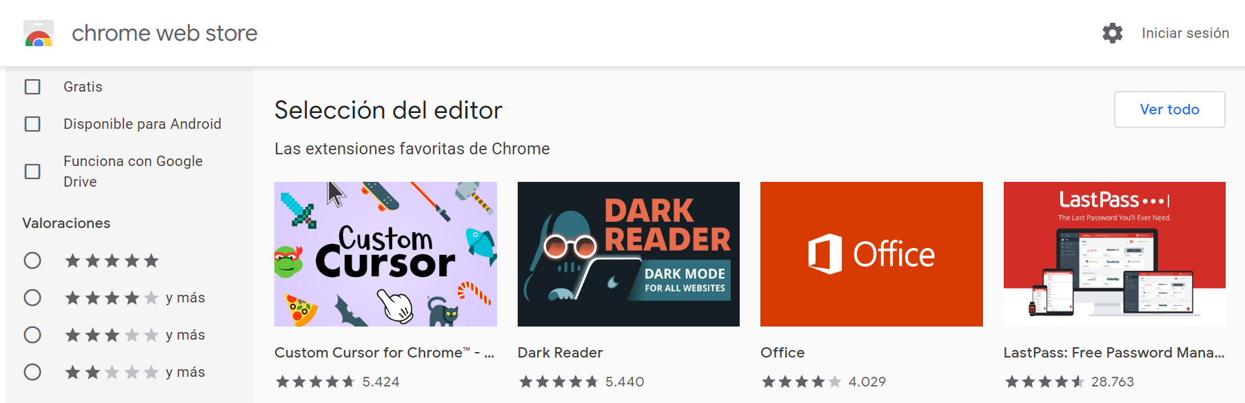 Ejemplo de búsqueda de una extensión en Google Chrome