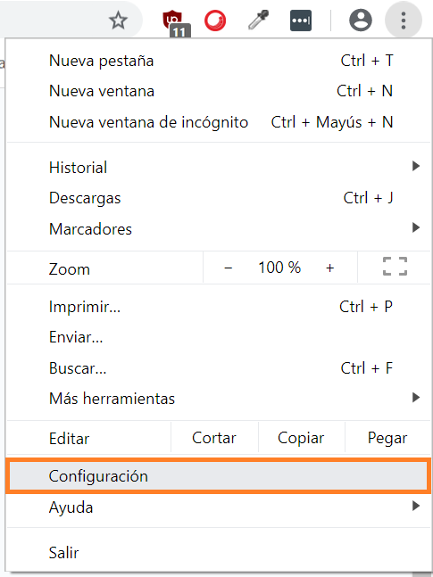 Menú del navegador Google Chrome