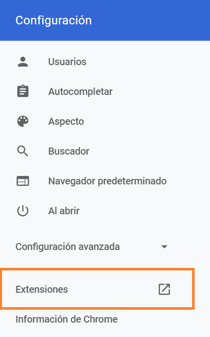 Menú de configuración de las extensiones en Google Chrome