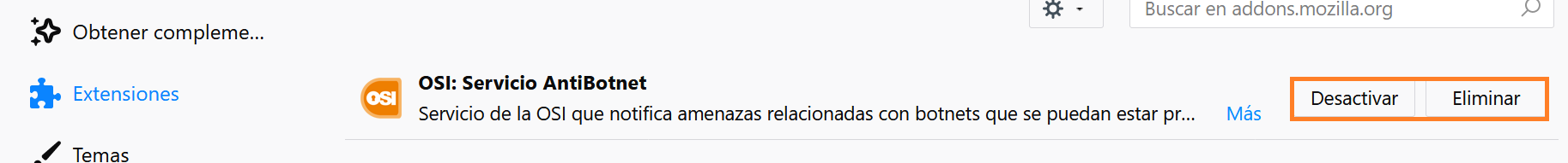 Opciones disponibles de configuración y desinstalación de un complemento en Mozilla Firefox