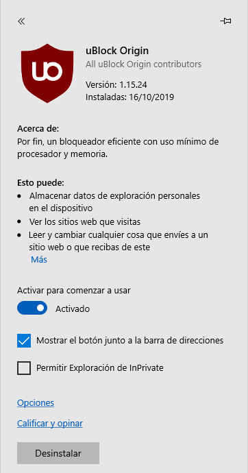 Opciones de la extensión en MS Edge