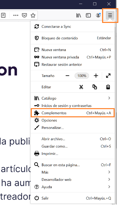 Menú de opciones del navegador Mozilla Firefox