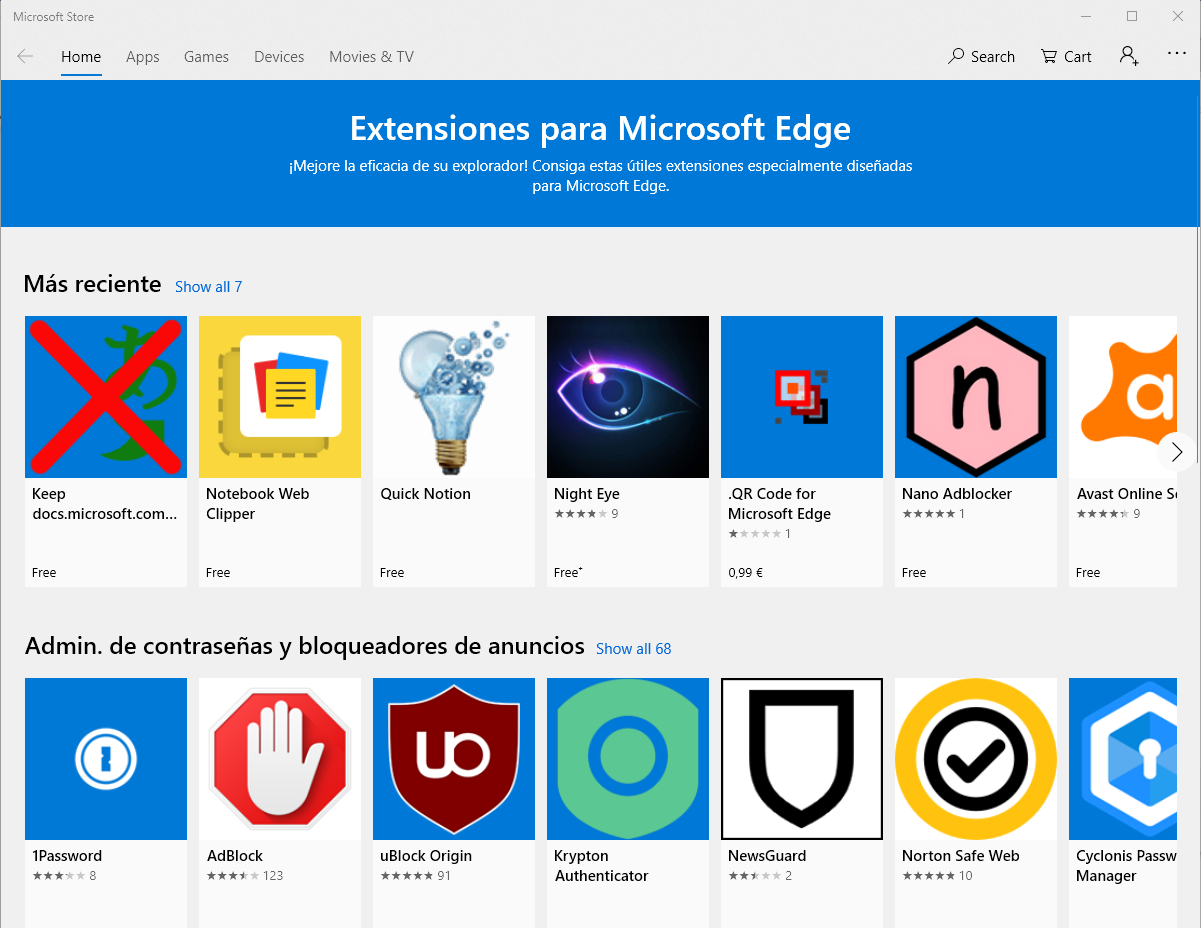 Captura de pantalla del mercado de extensiones de MS Edge