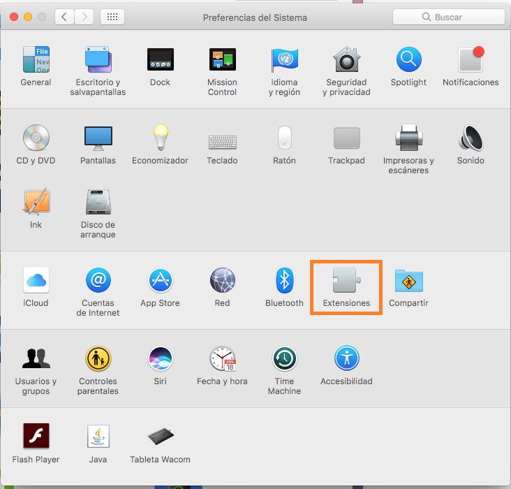 Opciones de configuracion de la extensiones del sistema operativo macOS
