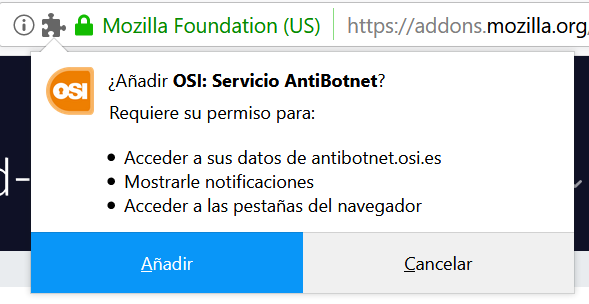 Instalación del complemento y aceptación de permisos en Mozilla Firefox