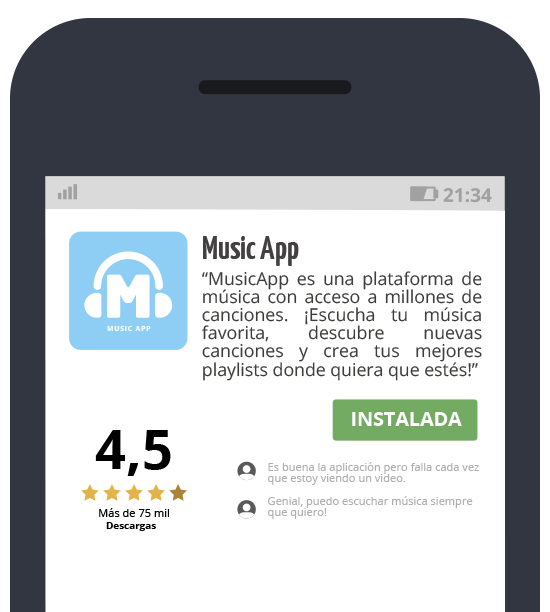 Información detallada de la app de música en la plataforma de aplicaciones