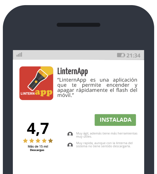 Información detallada de la app de linterna en la plataforma de aplicaciones