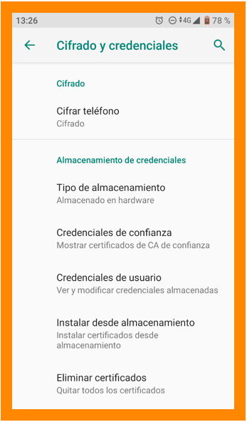 Ajustes de cifrado y credenciales de Android