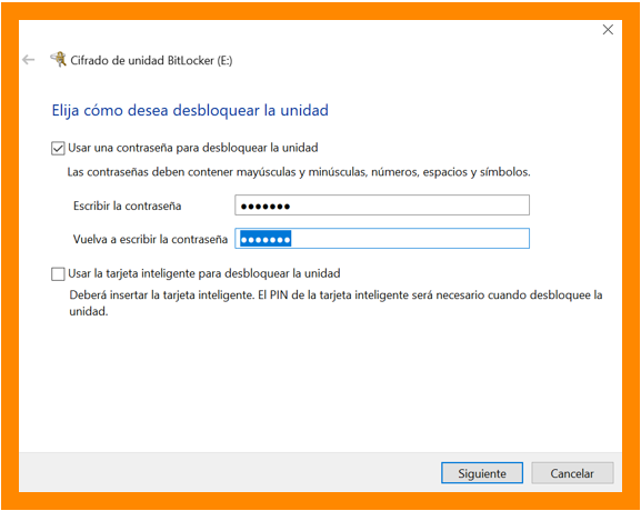 Crear contraseña de desbloqueo de BitLocker