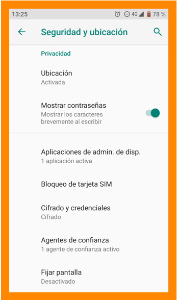 Ajustes de seguridad y ubicación de Android