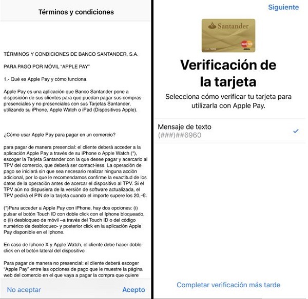 Términos y condiciones y verificación de la tarjeta en Apple Pay