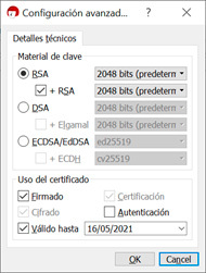 Ventana de configuración avanzada del certificado en Kleopatra