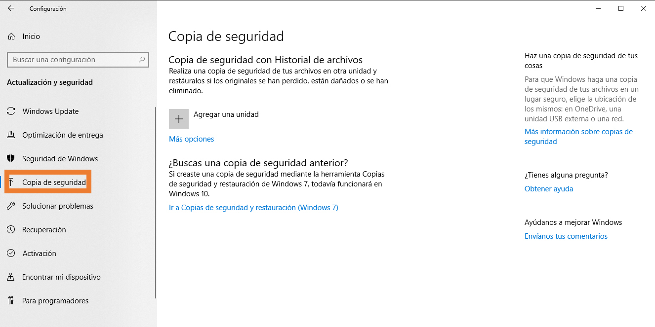 Imagen Explicación gráfica menú configuración Windows - copias de seguridad