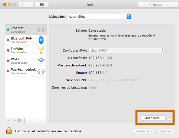 Configuración avanzada red Mac