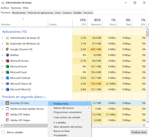 Administrador de tareas - Finalizar proceso