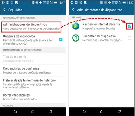 Menú del administrador de dispositivos de Android