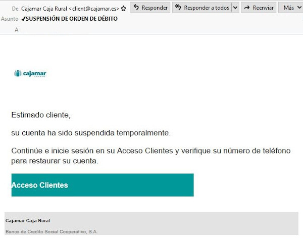 Correo fraudulento suplantando a Cajamar Caja Rural