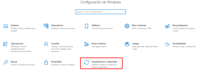 Imagen Panel de control actualización y seguridad