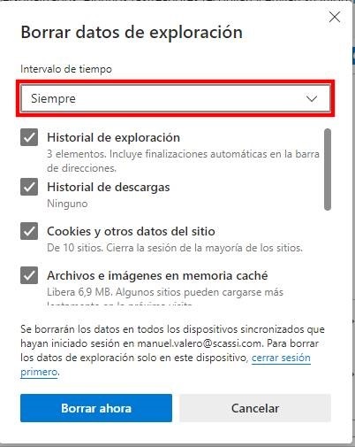 Borrar datos de exploración siempre