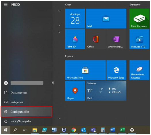 Imagen Inicio Configuración Windows