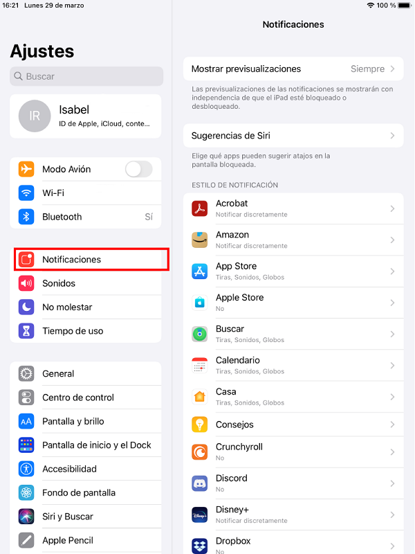 Ajustes de notificaciones en iOS