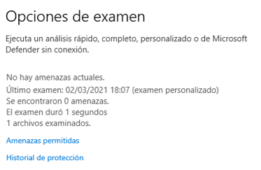 Opciones de examen Windows