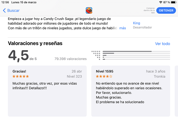 Imagen Valoraciones y reseñas Candy Crush