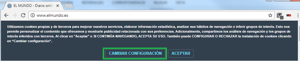 Mensaje sobre cookies en sitio web